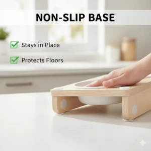 Close-up illustration of silicone grips on the bottom of an elevated cat bowl to prevent sliding.
