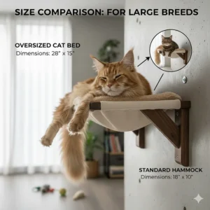A size comparison chart highlighting the extra-wide dimensions of a cat hammock designed for large breeds.