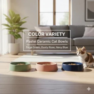 An illustration featuring a set of ceramic cat bowls in various pastel colors like sage green, dusty rose, and navy blue.