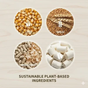 An infographic showing corn, wheat, wood, and tofu as sustainable plant-based cat litter ingredients.