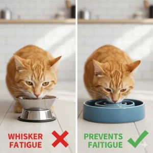 Side-by-side comparison of a cat experiencing whisker fatigue versus a wide, ergonomic slow feeder cat bowl.
