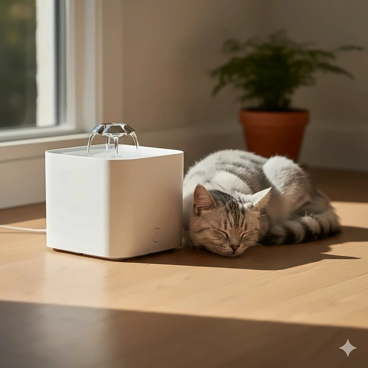 A high-quality white quietest cat water fountain running on a wooden floor next to a sleeping cat in natural sunlight.