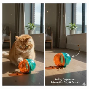 An orange and teal rolling egg-shaped cat puzzle feeder dispensing kibble as a cat bats it across the floor.