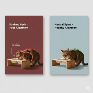 Illustration comparing a cat’s neutral spine alignment using an elevated bowl versus a strained neck with a floor-level bowl.