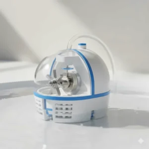 Close-up photorealistic view of a silent submersible water pump inside a quiet cat fountain.