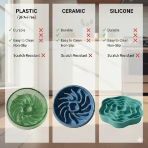 Comparison of slow feeder cat bowl materials including BPA-free plastic, ceramic, and silicone options.