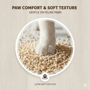 A cat’s paw stepping on soft, small-grain plant-based litter to demonstrate feline comfort.
