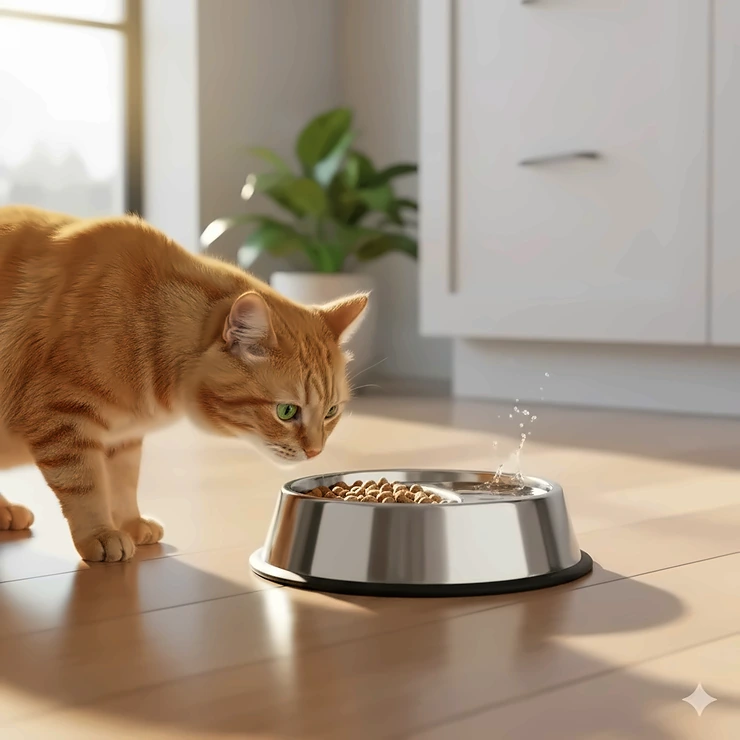 A high-quality, non-slip stainless steel cat bowl sitting on a modern kitchen floor with a clean reflection.