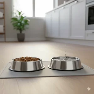 Dual set of stainless steel bowls for cat food and water on a protective feeding mat.