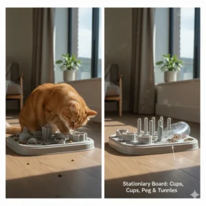 A photorealistic grey stationary puzzle board feeder featuring various pegs, cups, and tunnels for cats.