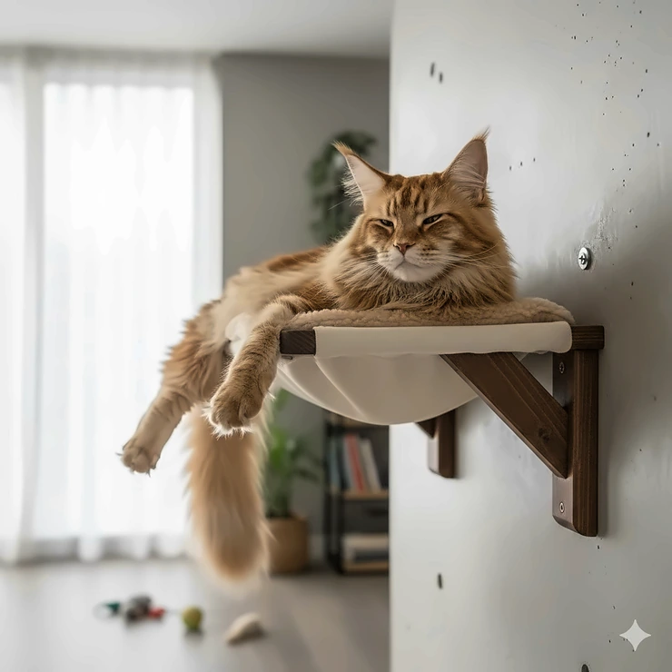 A heavy-duty wall-mounted cat hammock securely holding a large Maine Coon cat lounging comfortably. cat hammock for large cats