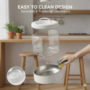 Exploded view showing the detachable BPA-free tank and bowl of an automatic cat feeder for easy cleaning.