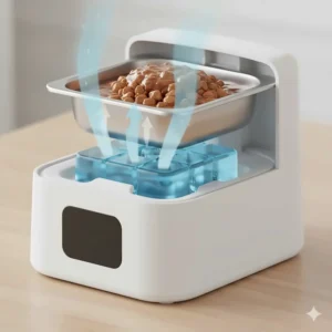 Illustration showing how ice packs sit under the tray of an automatic cat feeder for wet food to keep meals fresh.