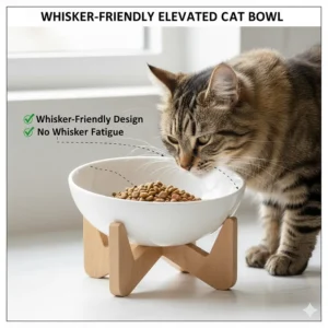 Top-down view of a wide, shallow elevated cat bowl designed to prevent whisker fatigue during feeding.