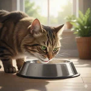 A wide and shallow stainless steel cat bowl designed to prevent whisker fatigue in adult cats.
