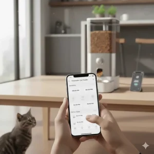 A person using a smartphone app to schedule feeding times for an automatic cat feeder.