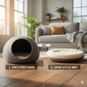 A diagram showing how a cat cave bed collapses into a padded open-style cat mat.