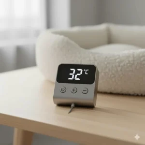 An LED controller showing adjustable temperature settings for a heated pet furniture piece.
