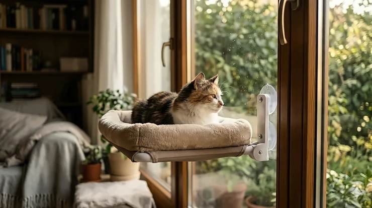 A fluffy calico cat relaxing on a sturdy cat window perch attached to a bright glass window.