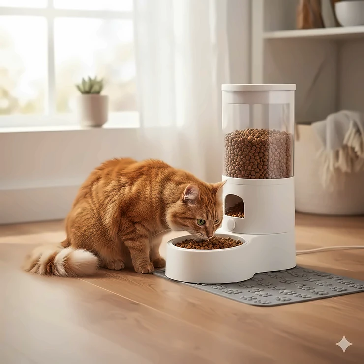 A sleek, modern gravity cat feeder filled with dry kibble sitting on a kitchen floor next to a feeding mat.