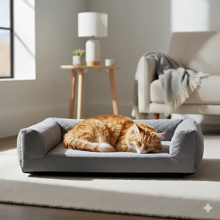A senior ginger cat sleeping soundly on a grey orthopedic cat bed with memory foam base in a sunlit living room.