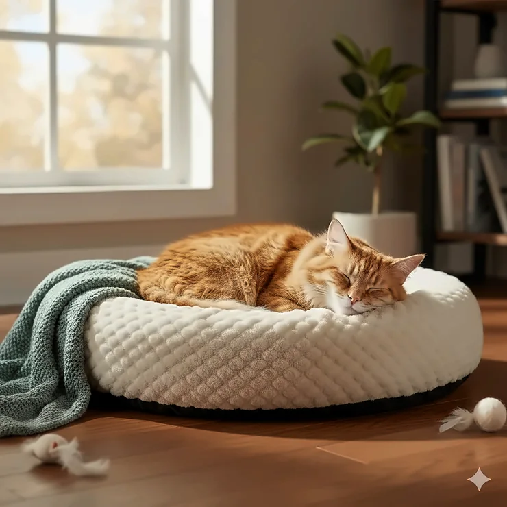 A fluffy ginger cat curled up and sleeping soundly in a circular self-warming cat bed.