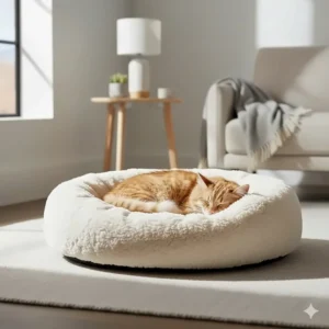 A curled-up cat in a round, calming orthopedic cat bed with a faux-fur finish.