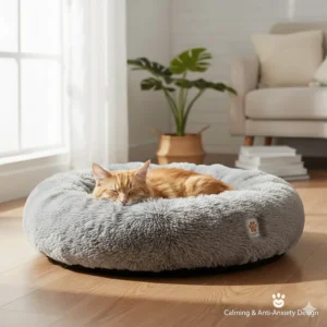 A sleeping cat tucked into a donut-shaped plush cat bed designed to reduce pet anxiety.