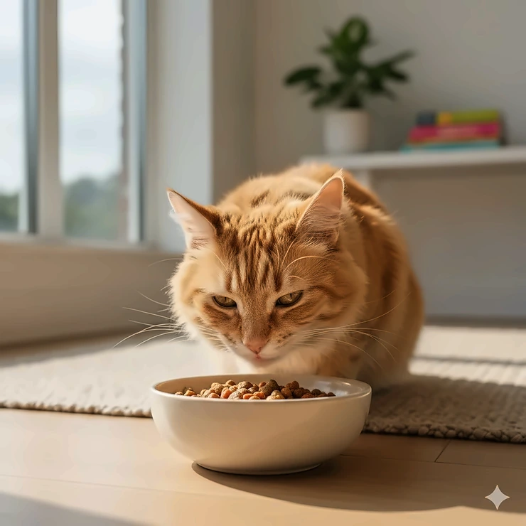A calm tabby cat eating dry food from a wide, shallow ceramic bowl designed to prevent whisker fatigue. cat bowl for whisker fatigue