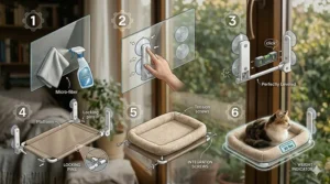 Photorealistic 6-step installation guide for a cat window perch showing glass cleaning and suction cup mounting.