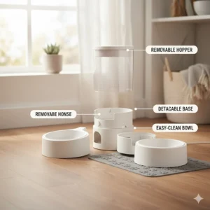 Illustration of the detachable hopper and bowl of a gravity cat feeder for easy washing.