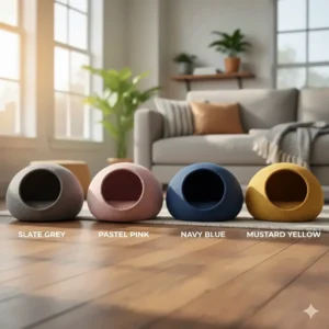 A row of cat cave beds in various colors including slate grey, pastel pink, and navy blue.