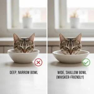 Side-by-side comparison of a deep narrow bowl versus a wide shallow cat bowl for whisker relief.