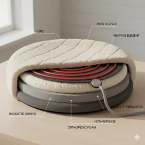 Diagram showing the internal heating pad and insulated wiring of an electric cat bed.