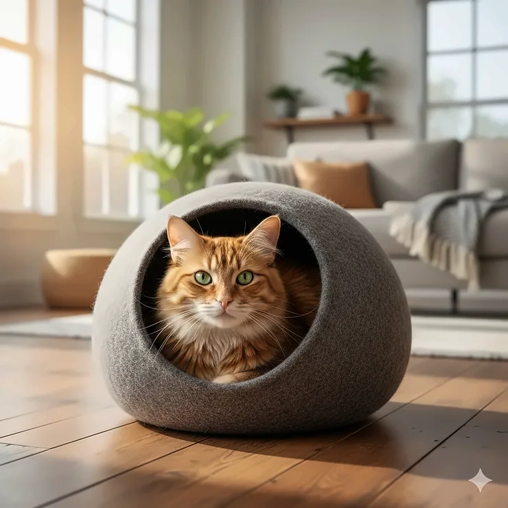 A handmade grey wool cat cave bed shaped like a dome sitting on a wooden floor in a sunlit living room.
