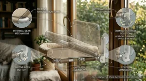 Diagram of a folding cat window perch highlighting the space-saving mechanism and internal gear system.
