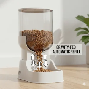 Diagram showing how gravity automatically refills the cat food bowl as the pet eats.
