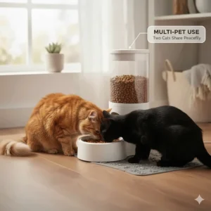 Illustration showing two cats sharing a large-capacity gravity feeder at the same time.