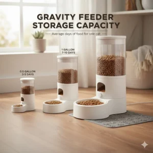 Comparison chart showing how many days of food a 1-gallon gravity cat feeder holds.