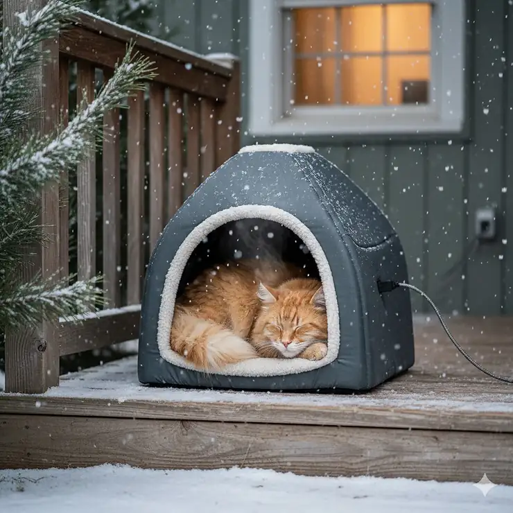 A fluffy cat sleeping inside a water-resistant heated cat bed for outdoor cats during winter.