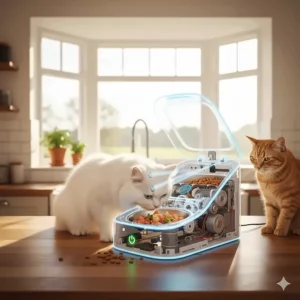 Illustration showing how a cat's RFID microchip triggers the sensor on an automatic feeder.