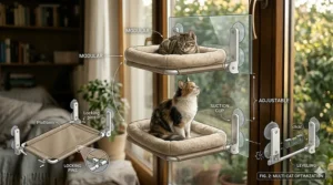 Illustration of a modular, double-stack cat window perch system optimized for multiple cats.