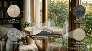 Cutaway view of a cat window perch showing plush, breathable mesh, and high-tensile structural canvas layers.