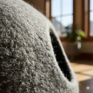 Close-up texture of organic merino wool used in a breathable cat cave bed.