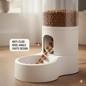 Close-up illustration of a wide-angle chute design to prevent kibble from getting stuck.