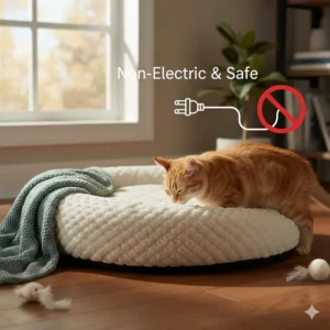 An illustration of a cat bed with a no plug icon to highlight the safety of electricity-free self-warming technology.