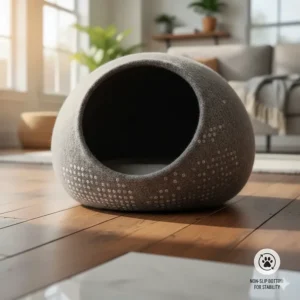 Close-up illustration of the anti-skid bottom surface of a cat cave bed for stability on tile floors.