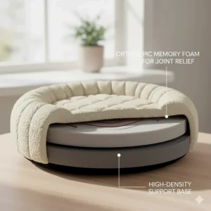 Cross-section view of memory foam layers inside a heated cat bed for senior cat joint relief.