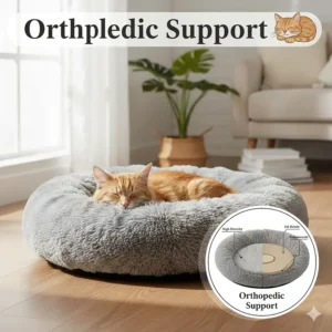 Diagram showing the orthopedic foam support inside a plush cat bed for senior cats.