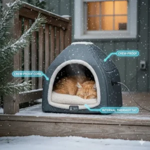 Diagram showing the chew-proof cord and internal thermostat of a heated cat bed for outdoor cats.